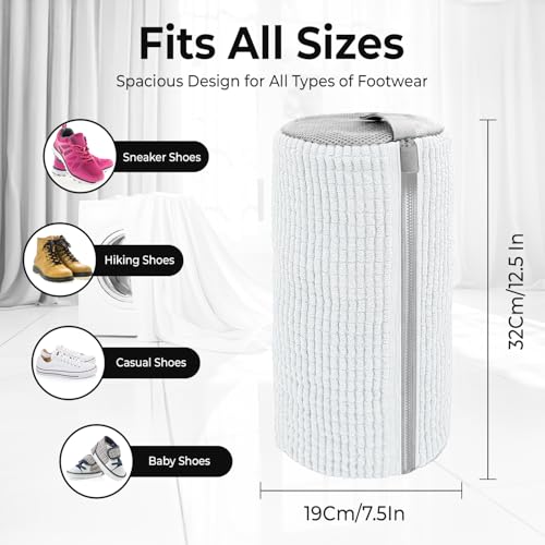2PCS Shoe Washing Machine Bag with Pair of Shoes Tree and 4 Deodorizer Balls, Durable Zipper Reusable Shoe Washing Bag with 20000+ Fluffy Fiber Lining For 360° Cleaning for Sneakers - color: White