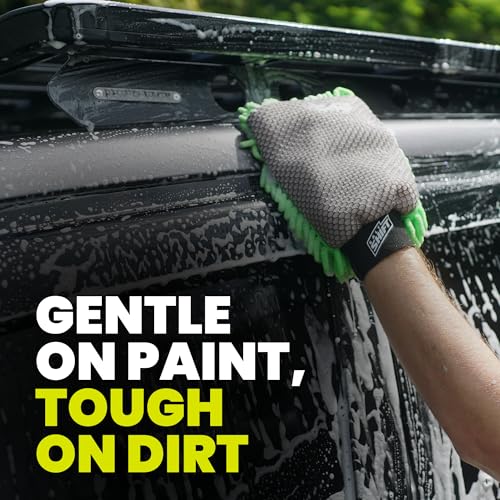 2-in-1 Wash Mitt - Microfiber Car Washing with Dual-Sided Design Mesh Bug Remover, Chenille Scratch-Free Microfiber Noodles, Boat, Glass, House or Car Wash Glove, High Water Retention