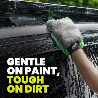 2-in-1 Wash Mitt - Microfiber Car Washing with Dual-Sided Design Mesh Bug Remover, Chenille Scratch-Free Microfiber Noodles, Boat, Glass, House or Car Wash Glove, High Water Retention
