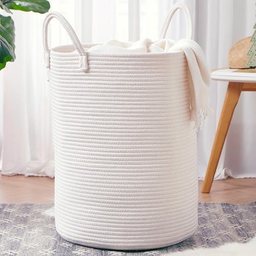 80L Large White Laundry Hamper Basket Woven Rope Tall Hamper - color: White, size: Extra Large (80L)
