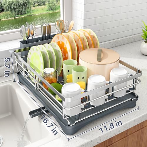 SAYZH Dish Drying Rack for Kitchen Counter with Utensil Holder, Silver - color: Silver
