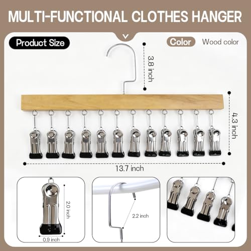 2 Pack Wooden Pants Hangers with 12 Clips, Space Saving Hanging Closet Organizer, Multi-Purpose Hanger for Leggings, Socks, Underwear, Bras, Towels, Closet Storage Solution (Natural) - color: Natural