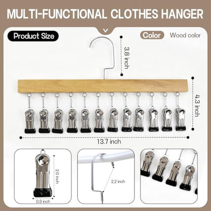 2 Pack Wooden Pants Hangers with 12 Clips, Space Saving Hanging Closet Organizer, Multi-Purpose Hanger for Leggings, Socks, Underwear, Bras, Towels, Closet Storage Solution (Natural) - color: Natural
