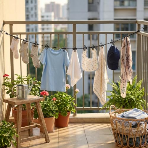 Travel Clothesline 2 Pack, Portable Elastic Laundry Line with 12 Clips and Windproof Spacing Beads, Adjustable Clothes Drying Rope with Hooks and Storage Bag for Camping, Hotel, RV, Cruise, Outdoor