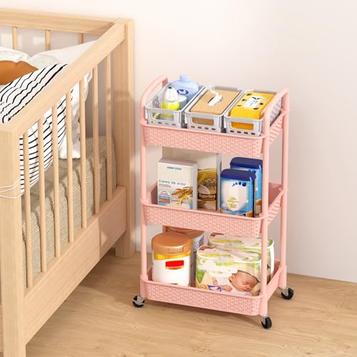 MOYIPIN 3-Tier Plastic Rolling Utility Cart with Handle,Utility,Pink - color: Pink, size: 3-Tiers without cups
