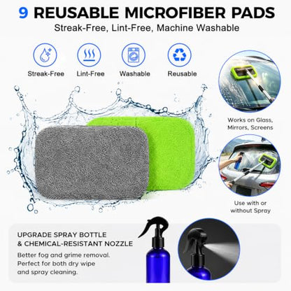 XINDELL Interior Windshield Cleaner Tool – Car Window Cleaning Tool 22inch Extendable Long Handle for Easy Cleaning, 9pcs Reusable Microfiber Pads, Streak-Free Interior & Exterior Auto Glass Cleaner - size: 22in