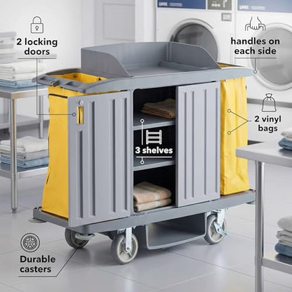 60” x 21” x 50” Large Locking 3-Shelf Multifunctional Housekeeping Cart - Commercial Hotel Cart with 2 Zippered Vinyl Bags, 8 Top Compartments, Underdeck Shelf, Fender Wheels, Locking Casters - 220 lb - size: Large (3 Shelf)