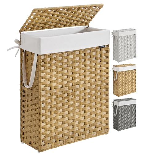 SONGMICS Laundry Hamper with Lid, 14.5 Gal (55 L) Synthetic Rattan,Foldable - color: Goose Yellow, size: 55 L