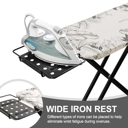 Ironing Board,Foldable Ironing Board Adjustable Height Compact Iron Board Thick Steel Tube Iron Board with Holder,Replacing Cloth Cover and Mini Handheld Gloves, Gift for Women(Leaf Print)