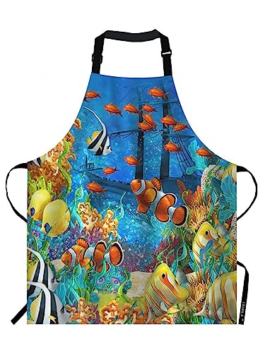 EKOBLA Fish Aprons Painting Undersea Coral Reef Bubbles Colorful Dive Exploration Ocean Waterproof Resistant Chef Cooking Kitchen BBQ Adjustable Aprons for Women Men 27x31 Inch - color: Multi-a04
