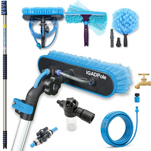 IGADPole 17 FT Water-Fed Washing Kit with Soap-Dispenser, Brush, 10″ Squeegee & Cobweb Duster for Windows, Gutters, Solar Panels & Exterior Walls - size: 17 ft Pole