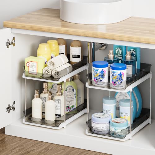 Delamu 2-Tier Multi-Purpose Bathroom Under Sink Organizers and Storage, Stackable Kitchen Pantry Organization, Pull Out Medicine Cabinet Organizer with Movable Dividers, Black, 2 Pack - color: Black, size: 2 Pack