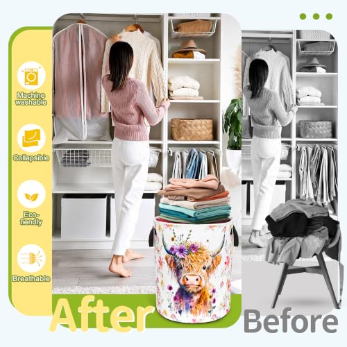 Highland Cow Laundry Basket Foldable Waterproof Oxford Cloth Funny Tote Bag - color: Highland Cow