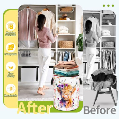 Highland Cow Laundry Basket Foldable Waterproof Oxford Cloth Funny Tote Bag - color: Highland Cow