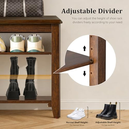Taitiy Shoe Bench with 3 Tier Adjustable Shelves Rubberwood Entryway 31.5'' - color: Walnut - Wood, size: 31.5''