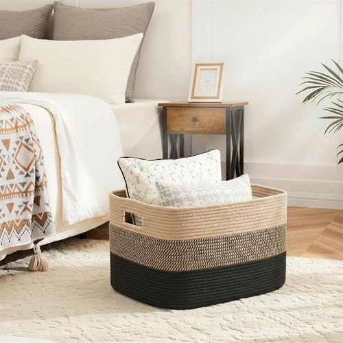Artfeel Blanket Basket,Rectangle Woven Baskets for Storage,100L Laundry Basket for Decorative Nursery Blanket,Toys,Dirty Clothes and Magazine in Shelves,Baby Room,and Living Room - color: Black&Jute, size: 100L