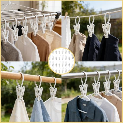 30 Piece Set of Multi-Purpose Laundry Hook and Loop, White Hanger Clips for Pants, Wardrobe Organizer with Plastic Rope Buckle, Suitable for Hats, Socks, Boots, Towels, Bathroom