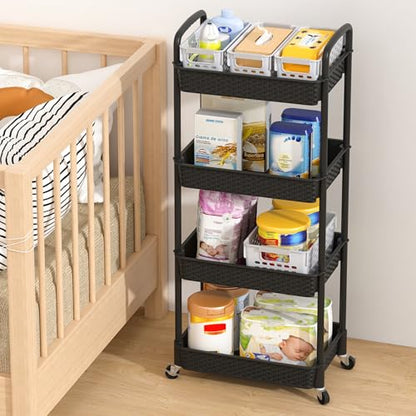 MOYIPIN 4-Tier Plastic Rolling Utility Cart with Handle, Black - color: Black, size: 4-Tiers without cups