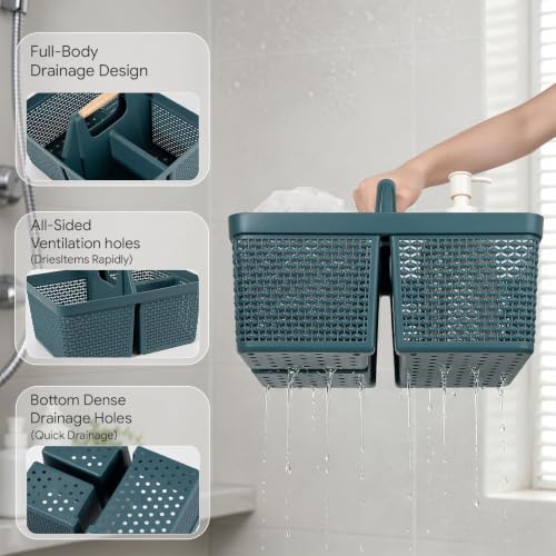 Portable Plastic Shower Caddy Basket with Wooden Handle, Bluish Green - color: Bluish Green