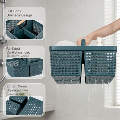 Portable Plastic Shower Caddy Basket with Wooden Handle, Bluish Green - color: Bluish Green