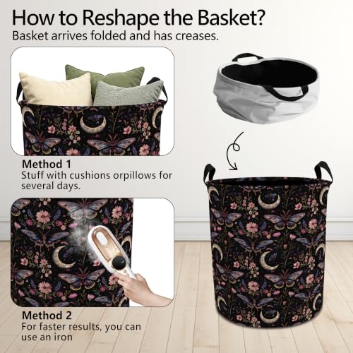 Moody Gothic Moth Floral Laundry Basket with Handles, Dark Academia Witchy Flower Butterfly Collapsible Waterproof Laundry Hamper Clothes Storage Basket for Bedroom Bathroom Home - color: style 01