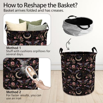 Moody Gothic Moth Floral Laundry Basket with Handles, Dark Academia Witchy Flower Butterfly Collapsible Waterproof Laundry Hamper Clothes Storage Basket for Bedroom Bathroom Home - color: style 01