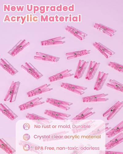 60Pcs Mini Clothespins for Baby Shower Games, Pink Clothes Pins 1.4 Inch - color: Pink Transparent