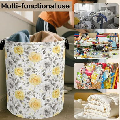 Yellow Gray Flowers Large Clothes Hamper Bag - Laundry Basket with Handles, Space Saving Foldable Design for Nursery - color: Yellow Gray Flowers