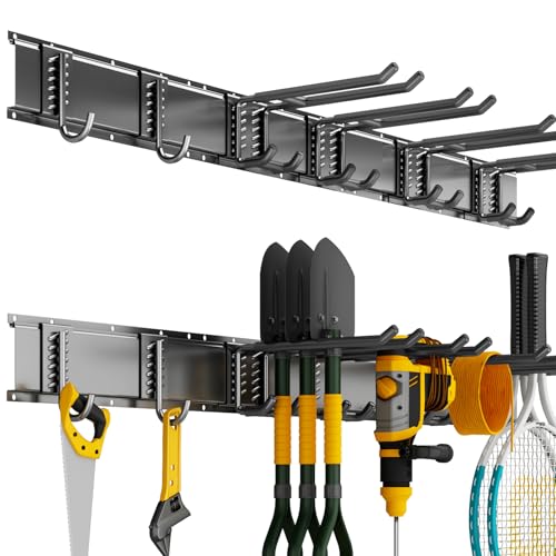 Garage Tool Organizer Wall Mount, 32 Inch Heavy Duty Garden Tool Organizer Storage System, Easy Install with 6 Adjustable Straight Hooks, for Garage, Basement, Shed, Workshop, Black, Steel - size: 32" - 6 Hooks