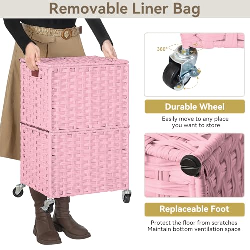 Chrislley Wicker Laundry Basket with Wheels,Rolling Laundry Hamper with Lid - color: Pink