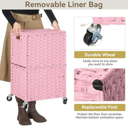 Chrislley Wicker Laundry Basket with Wheels,Rolling Laundry Hamper with Lid - color: Pink