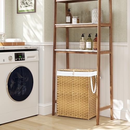 NEWBULIG Laundry Hamper with Lid, 23.8 Gallon (90L) Wicker Clothes Basket, Double Clothes Basket Organizer for Bedroom, Bathroom & Laundry Room, Yellow - color: Yellow, size: 23.8 Gal