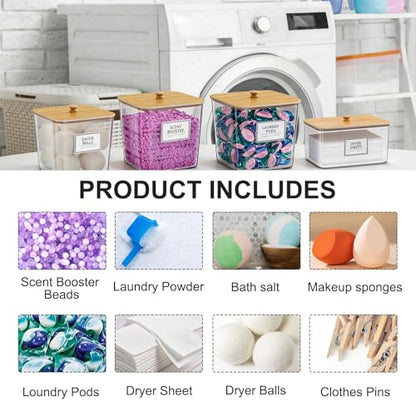 FUSHITON Laundry Pods Storage Container, 3+1 Clear Storage Bins with Bamboo Lids for Detergent Pods, Scent Beads & Dryer Sheets, Includes 16 Labels and 3 Measuring Scoops - size: 3+1 Set