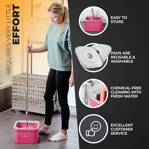 Mop and Bucket Set, Mops for Floor Cleaning, Spin Mop, Pink - color: Pink