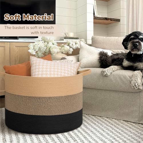 INDRESSME 115L Extra Large Woven Rope Blanket Basket Living Room - color: Camel Mix & Black, size: 23.6"D x 15.7"H