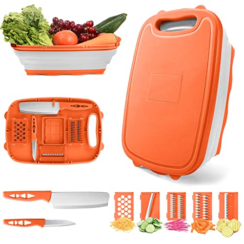 Camping Cutting Board, HI NINGER Collapsible Chopping Board with Colander, 9-In-1 Multi Kitchen Vegetable Washing Basket,Camping Gifts Accessories for RV Campers - color: Orange