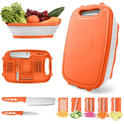 Camping Cutting Board, HI NINGER Collapsible Chopping Board with Colander, 9-In-1 Multi Kitchen Vegetable Washing Basket,Camping Gifts Accessories for RV Campers - color: Orange