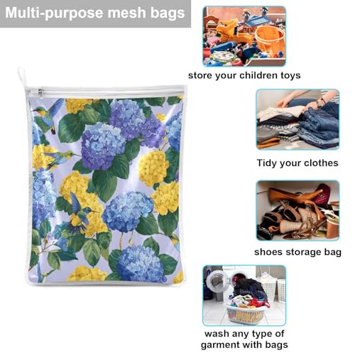 Mesh Laundry Bags Lingerie Bags for Washing Delicates 2 PCS Durable Wash Bag with Zipper Small and Medium Washable Blue Hydrangeas Hummingbirds - color: Blue Hydrangeas Hummingbirds