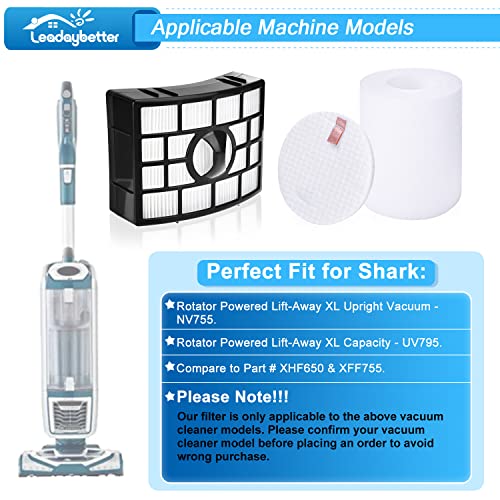 Leadaybetter 2 HEPA + 4 Foam & Felt Filters for Shark Rotator Powered Lift-Away XL Capacity NV755, UV795 Vacuum Cleaner, Compare to Part # XFF750 & XHF650 Replacement