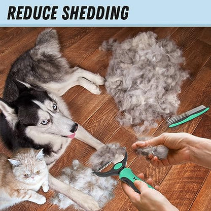 Docrok Pet Grooming Brush and Metal Comb Combo for Dogs & Cats, Green - color: Green