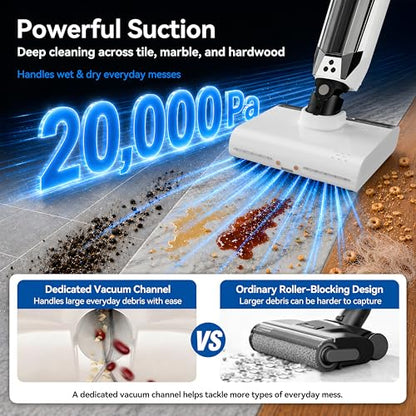 Dual-Chamber Wet Dry Vacuum Cleaner, 20,000Pa Suction, 392°F Steam Cleaning, Wet Dry Vacuum Mop with Smart App Control, Self-Cleaning & 40min Runtime, Ideal for Home & Pet Hair Cleaning, White
