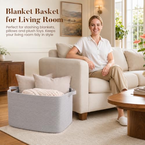65L Large Woven Blanket Basket for Living Room, 19.7"x15.7"x11.8" - color: Light Grey, size: 19.7"x15.7"x11.8"