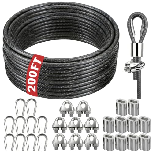 NAZOU 3/16 Inch Coated Steel Wire Rope, Hanging String Lights, Clotheslines - color: Gray, size: 200FT