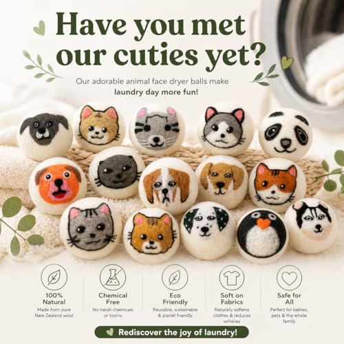 Wool Dryer Balls XL 6-Pack – Organic Wool Dryer Balls for Laundry Reusable, Natural Fabric Softener, Reduces Drying Time, Static, Wrinkles & Clumping - color: Animals
