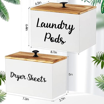 Dandat 2 Pcs Wood Rustic Laundry Dryer Sheet Holder Pod Container with Lid 8.7 x 6.3 x 6.4 Inch Laundry Pod Holder 7.3 x 3.7 x 5 Inch Dryer Sheet Dispenser Wooden Box Container(White) - color: White