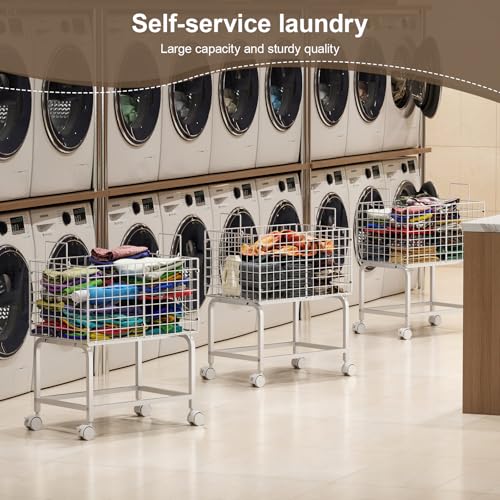 Laundry Basket with Wheels,80L Wire Rolling Laundry Basket with Pull Handle,White High Laundry Cart for Laundry Room,Bathroom,Bedroom-White(23.6 * 15.75 * 28inch) - color: White, size: 23.6*15.75*27.95inch