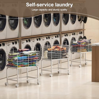 Laundry Basket with Wheels,80L Wire Rolling Laundry Basket with Pull Handle,White High Laundry Cart for Laundry Room,Bathroom,Bedroom-White(23.6 * 15.75 * 28inch) - color: White, size: 23.6*15.75*27.95inch