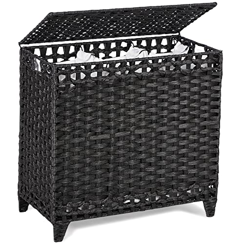 Laundry Hamper with 3 Removable Liner Bags, 132L Laundry Sorter with Lid - color: Black, size: 132L-3 Section