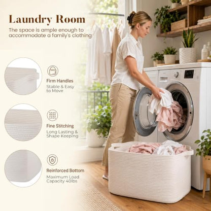 65L Large Woven Blanket Basket for Living Room, 19.7"x15.7"x11.8" - color: White, size: 24"x16.9"x14.2"