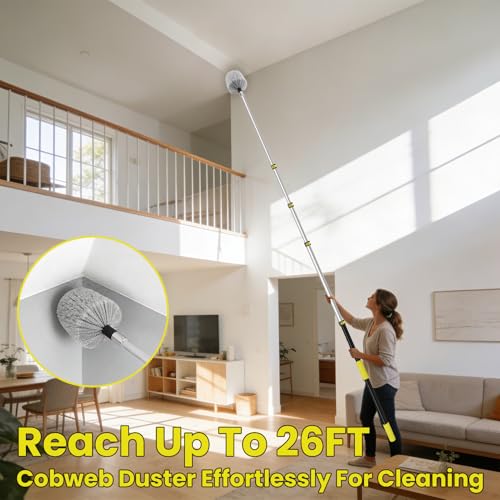 26FT High Reach Cobweb Duster with Extension Pole, Spider Web Brush for Cleaning with 5-20FT Telescopic Pole, 8" Larger Extendable Duster for High Indoor & Outdoor Webs - size: 20FT